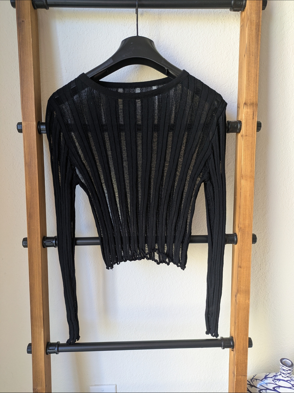 Source Unknown Black Sheer Ribbed Long Sleeve Top